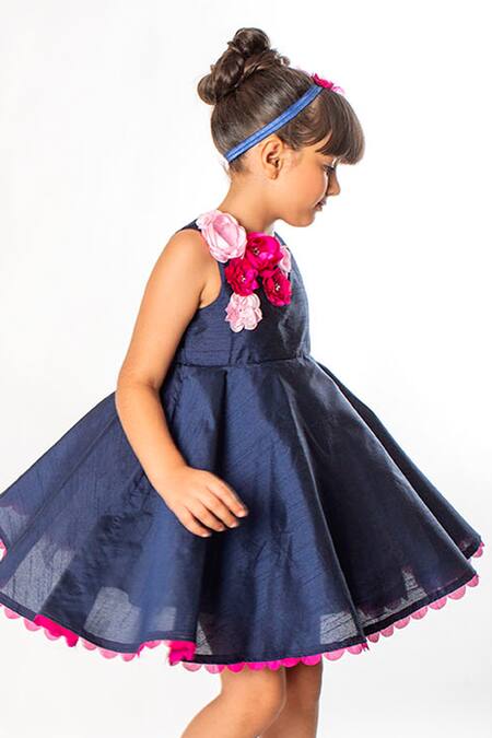 Shop A Little Fable Blue Cotton Fabric Flowers 3d Floral Embroidered Dress Online at Aza Fashions Shop_A Little Fable_Blue Cotton Fabric Flowers 3d Floral Embroidered Dress _Online_at_Aza_Fashions