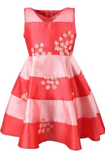A Little Fable_Pink Cotton, Taffeta Embroidery Hibiscus Color Blocked Dress _Online_at_Aza_Fashions