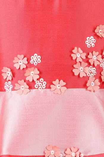 Buy_A Little Fable_Pink Cotton, Taffeta Embroidery Hibiscus Color Blocked Dress _Online_at_Aza_Fashions