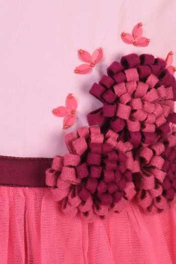 A Little Fable_Pink Cotton, Net, Linen Applique Hand Embroidered Off Shoulder Dress _Online_at_Aza_Fashions