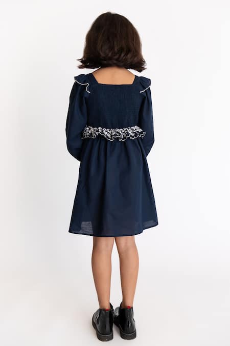 Shop A Little Fable Blue Cotton Embroidery Voila Smocked Dress at Aza Fashions Shop_A Little Fable_Blue Cotton Embroidery Voila Smocked Dress _at_Aza_Fashions