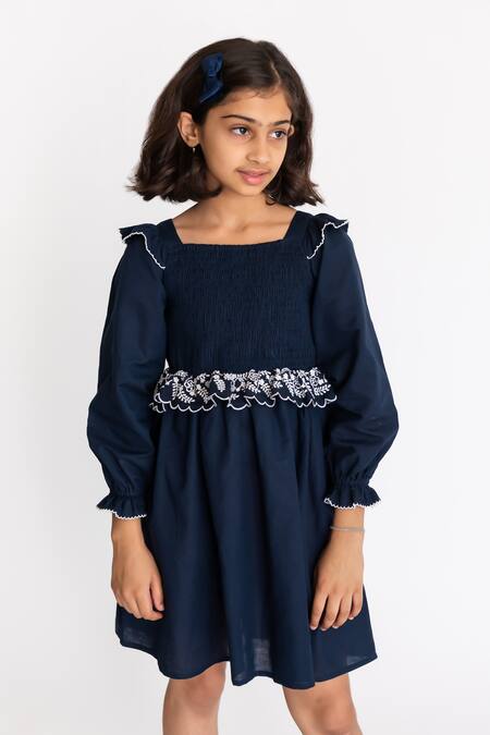 A Little Fable Blue Cotton Embroidery Voila Smocked Dress Online at Aza Fashions A Little Fable_Blue Cotton Embroidery Voila Smocked Dress _Online_at_Aza_Fashions