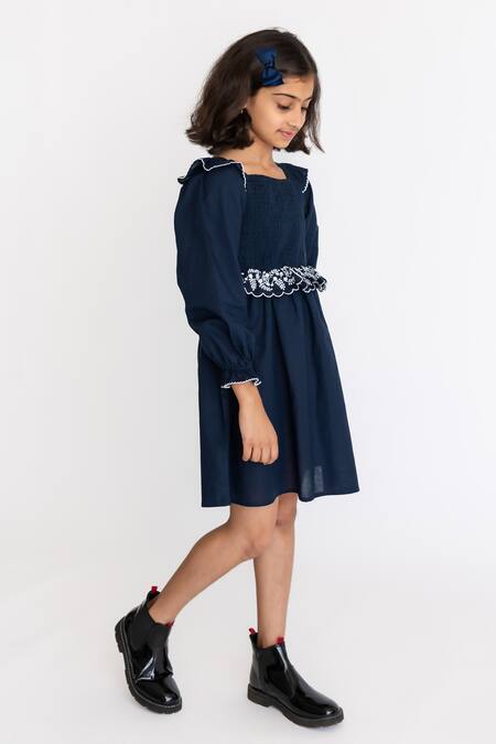 Buy A Little Fable Blue Cotton Embroidery Voila Smocked Dress Online at Aza Fashions Buy_A Little Fable_Blue Cotton Embroidery Voila Smocked Dress _Online_at_Aza_Fashions