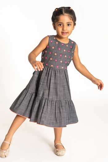 A Little Fable_Black Cotton Embroidery Nostalgia Dress _Online_at_Aza_Fashions
