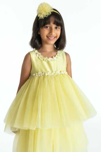 A Little Fable_Yellow Net, Taffeta Embroidery Dreamy Flower Dress _Online_at_Aza_Fashions