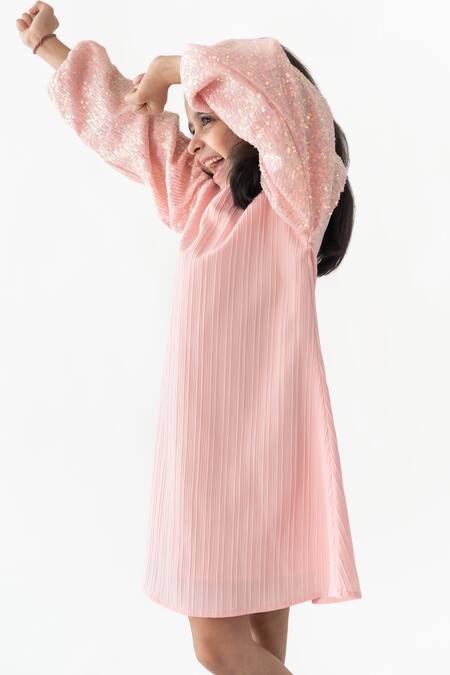 A Little Fable_Pink Polyester, Cotton Sequins Misty Shimmer A-line Dress _Online_at_Aza_Fashions