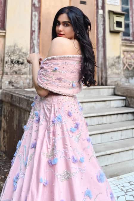 Shop_Baya_Peach Satin, Viscose Pearls, Sequins Embroidered Draped Gown With Belt _Online_at_Aza_Fashions