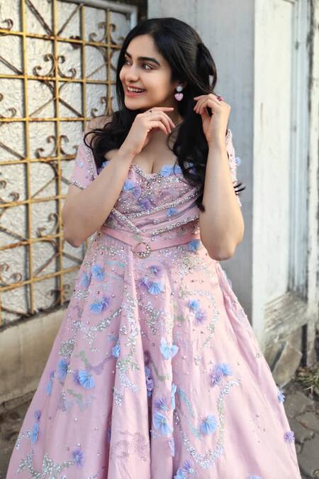 Baya_Peach Satin, Viscose Pearls, Sequins Embroidered Draped Gown With Belt _at_Aza_Fashions