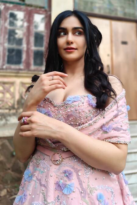 Shop_Baya_Peach Satin, Viscose Pearls, Sequins Embroidered Draped Gown With Belt 