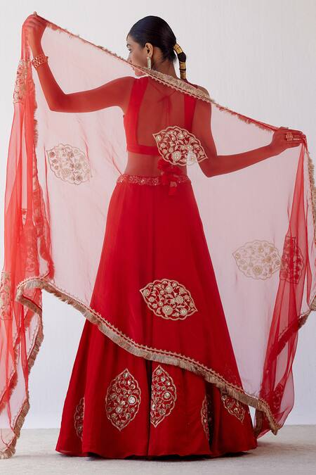 Devnaagri Red Gajji , Cotton Satin And Floral Embroidered Lehenga Set Online at Aza Fashions Devnaagri_Red Gajji , Cotton Satin And Floral Embroidered Lehenga Set _Online_at_Aza_Fashions