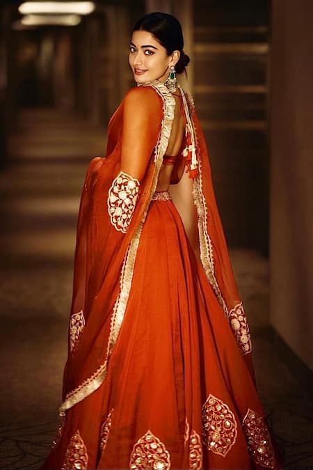 Shop Devnaagri Red Gajji , Cotton Satin And Floral Embroidered Lehenga Set Shop_Devnaagri_Red Gajji , Cotton Satin And Floral Embroidered Lehenga Set