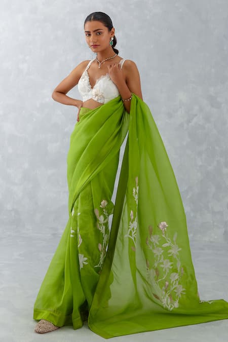 Shop_Devnaagri_Green Cotton, Organza, Satin Floral Saree With Sleeveless Blouse 
