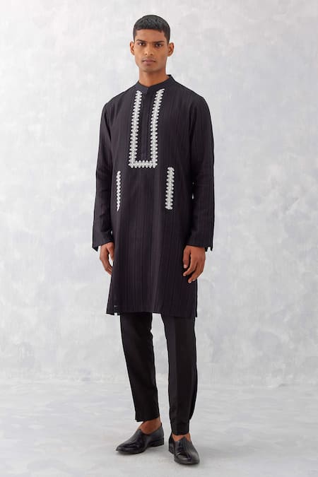 Shop_Devnaagri_Black Chanderi, Cotton Lace Embroidered Placket Kurta With Pant _Online_at_Aza_Fashions