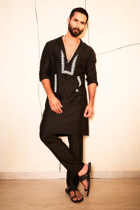 Devnaagri Black Woven Chanderi And Cotton Silk Blend Placement Placket Kurta With Pant 