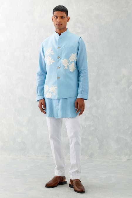 Shop Devnaagri Blue Linen, Silk, Cotton Embroidery Flower Bloom Bundi Set Shop_Devnaagri_Blue Linen, Silk, Cotton Embroidery Flower Bloom Bundi Set