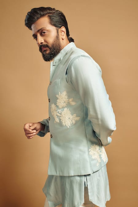 Devnaagri Blue Linen, Silk, Cotton Embroidery Flower Bloom Bundi Set at Aza Fashions Devnaagri_Blue Linen, Silk, Cotton Embroidery Flower Bloom Bundi Set _at_Aza_Fashions