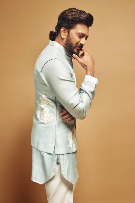 Buy Devnaagri Blue Linen, Silk, Cotton Embroidery Flower Bloom Bundi Set Buy_Devnaagri_Blue Linen, Silk, Cotton Embroidery Flower Bloom Bundi Set