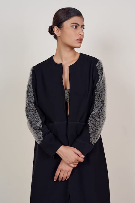 Somya Goyal Black Polyester Round Neck Long Night Sky Embroidered Jacket Online at Aza Fashions Somya Goyal_Black Polyester Round Neck Long Night Sky Embroidered Jacket_Online_at_Aza_Fashions