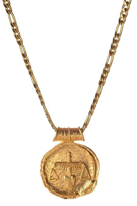 Shop Misho Gold Plated Figaro Carved Libra Zodiac Pendant Necklace at Aza Fashions Shop_Misho_Gold Plated Figaro Carved Libra Zodiac Pendant Necklace_at_Aza_Fashions