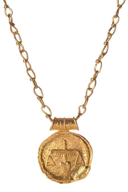 Shop Misho Gold Plated Mini Link Libra Carved Zodiac Pendant Necklace at Aza Fashions Shop_Misho_Gold Plated Mini Link Libra Carved Zodiac Pendant Necklace_at_Aza_Fashions