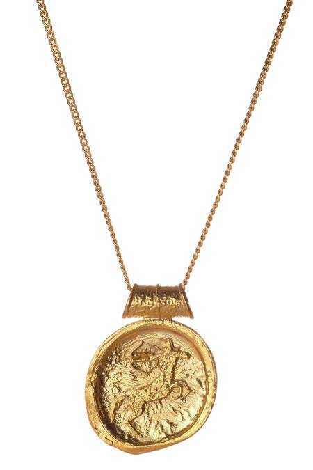 Shop Misho Gold Plated Minimal Sagittarius Zodiac Pendant Necklace at Aza Fashions Shop_Misho_Gold Plated Minimal Sagittarius Zodiac Pendant Necklace_at_Aza_Fashions