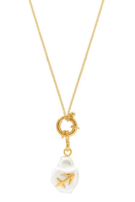 Shop Misho Gold Plated Sagittarius Pearl Convertible Pendant Necklace at Aza Fashions Shop_Misho_Gold Plated Sagittarius Pearl Convertible Pendant Necklace_at_Aza_Fashions