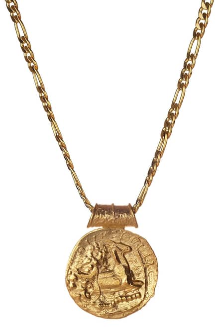 Shop Misho Gold Plated Figaro Carved Capricorn Zodiac Pendant Necklace at Aza Fashions Shop_Misho_Gold Plated Figaro Carved Capricorn Zodiac Pendant Necklace_at_Aza_Fashions