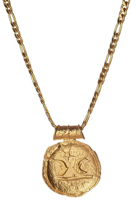 Shop Misho Gold Plated Figaro Carved Pisces Zodiac Pendant Necklace at Aza Fashions Shop_Misho_Gold Plated Figaro Carved Pisces Zodiac Pendant Necklace_at_Aza_Fashions