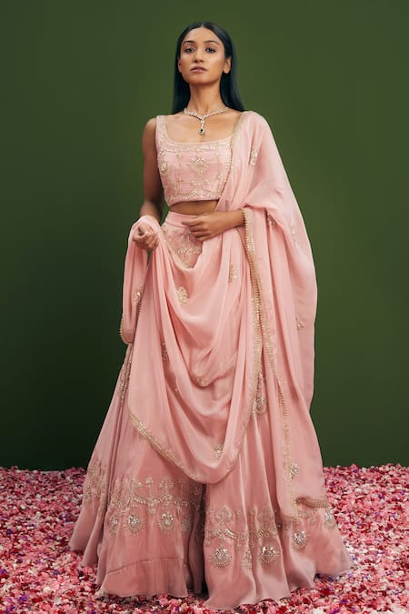 Vasavi Shah Pink Blouse And Lehenga Tissue Silk Embroidered Zardozi Round Sequin Set 