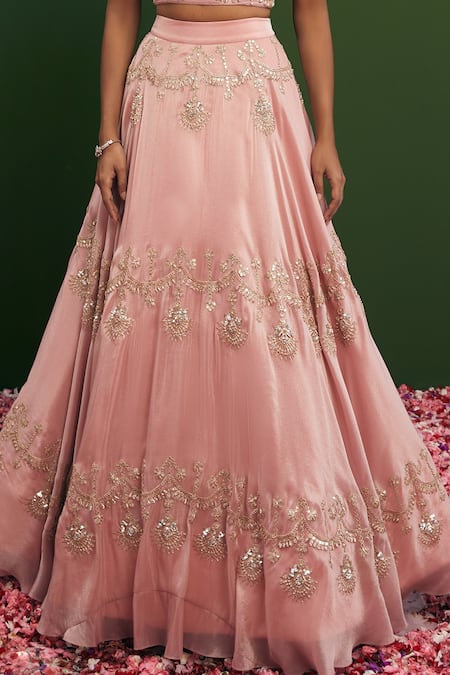 Shop_Vasavi Shah_Pink Blouse And Lehenga Tissue Silk Embroidered Zardozi Round Sequin Set _Online_at_Aza_Fashions