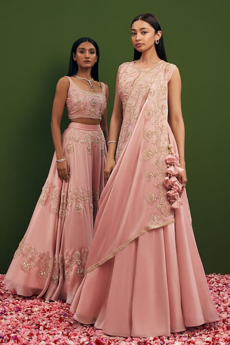 Vasavi Shah_Pink Blouse And Lehenga Tissue Silk Embroidered Zardozi Round Sequin Set _at_Aza_Fashions