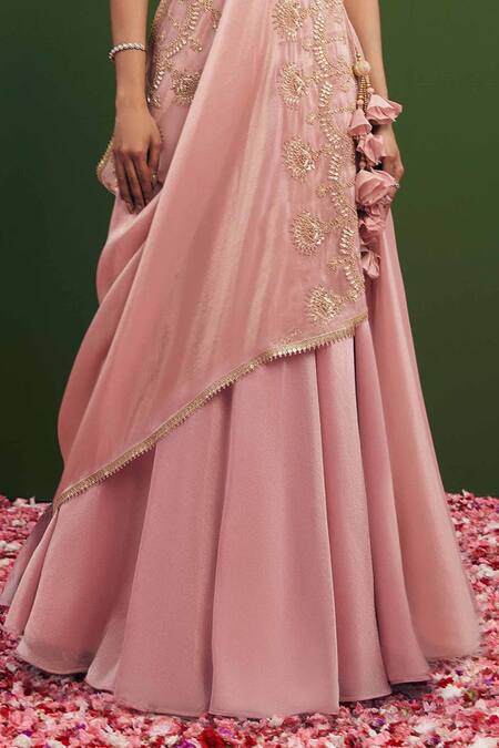 Buy_Vasavi Shah_Pink Tissue Silk Embroidered Zardozi High Neck Lehenga Set With Drape _Online_at_Aza_Fashions
