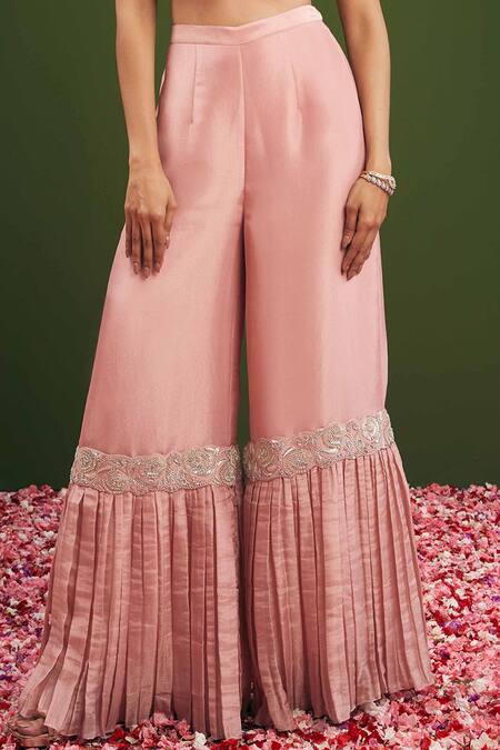 Buy_Vasavi Shah_Pink Tissue Silk Embroidered Silver Sequin Crop Blouse And Palazzo Set  _Online_at_Aza_Fashions