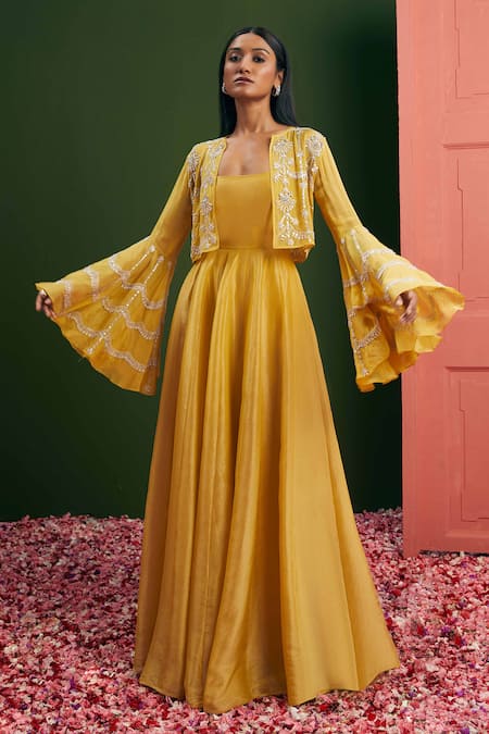 Buy_Vasavi Shah_Yellow Anarkali Tissue Silk Embroidered Silver Strappy And Jacket Set  _Online_at_Aza_Fashions