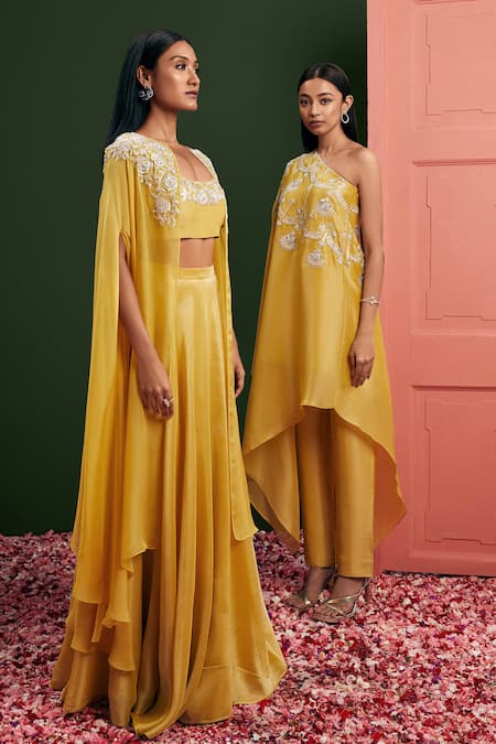 Buy_Vasavi Shah_Yellow Tissue Silk Embroidered One Shoulder Cape And Straight Pant Set  _Online_at_Aza_Fashions