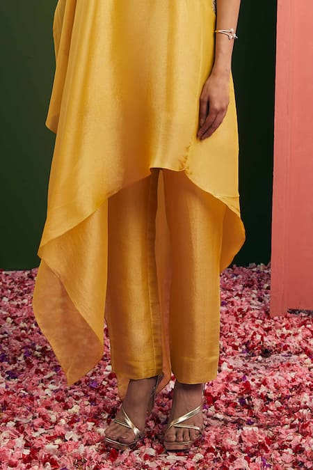 Shop_Vasavi Shah_Yellow Tissue Silk Embroidered One Shoulder Cape And Straight Pant Set  _Online_at_Aza_Fashions