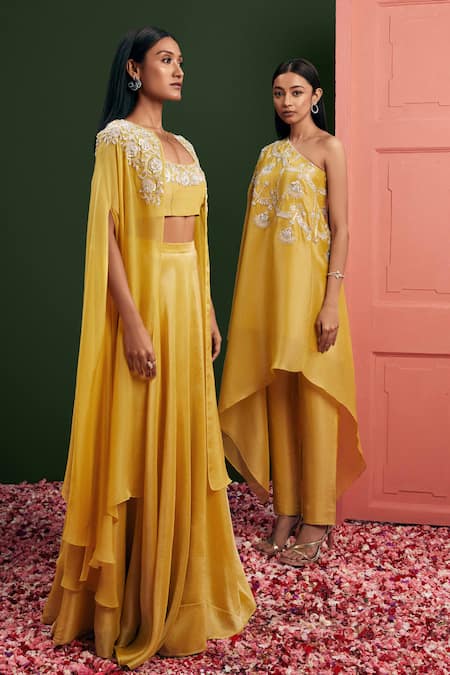 Shop_Vasavi Shah_Yellow Blouse And Skirt  Tissue Silk Embroidered Floral Sequin Set  _Online_at_Aza_Fashions