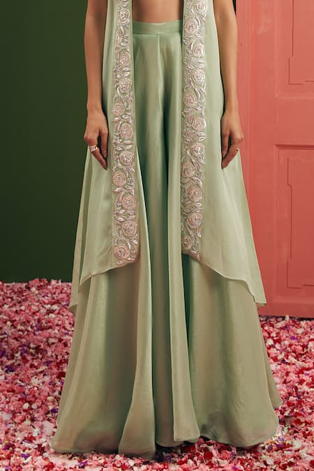Shop_Vasavi Shah_Green Blouse And Pant Tissue Silk Embroidered Silver Floral Crop Set  _Online_at_Aza_Fashions
