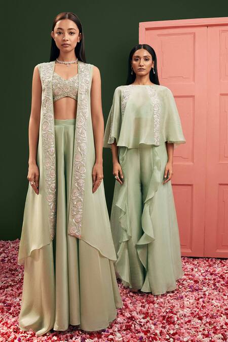 Shop_Vasavi Shah_Green Tissue Silk Embroidered Silver Zardozi Cape Floral Pant Set  _Online_at_Aza_Fashions