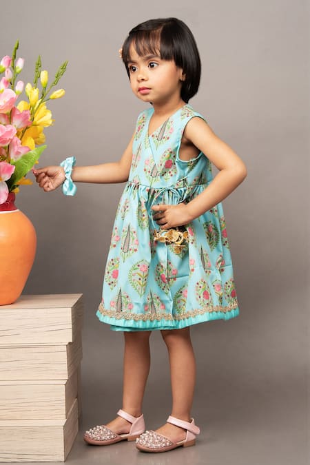 Little Brats_Blue Crepe, Cotton Embroidery Floral Print Overlap Dress _Online_at_Aza_Fashions