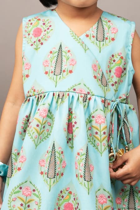 Buy_Little Brats_Blue Crepe, Cotton Embroidery Floral Print Overlap Dress _Online_at_Aza_Fashions