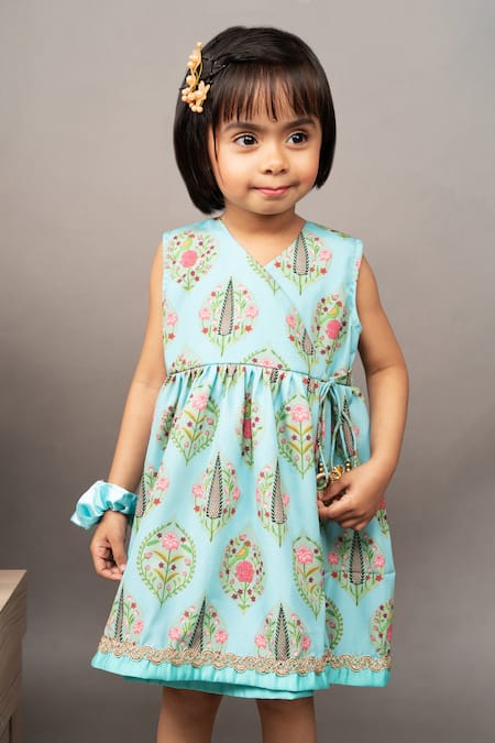Shop_Little Brats_Blue Crepe, Cotton Embroidery Floral Print Overlap Dress _Online_at_Aza_Fashions