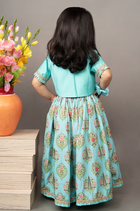 Shop Little Brats Blue Crepe, Cotton, Silk Zari Floral Print Blouse And Ghagra Set at Aza Fashions Shop_Little Brats_Blue Crepe, Cotton, Silk Zari Floral Print Blouse And Ghagra Set _at_Aza_Fashions