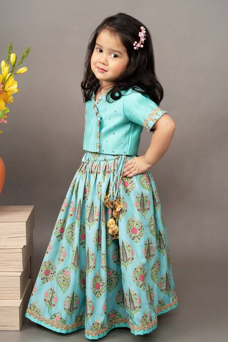 Little Brats Blue Crepe, Cotton, Silk Zari Floral Print Blouse And Ghagra Set Online at Aza Fashions Little Brats_Blue Crepe, Cotton, Silk Zari Floral Print Blouse And Ghagra Set _Online_at_Aza_Fashions