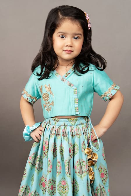 Buy Little Brats Blue Crepe, Cotton, Silk Zari Floral Print Blouse And Ghagra Set Online at Aza Fashions Buy_Little Brats_Blue Crepe, Cotton, Silk Zari Floral Print Blouse And Ghagra Set _Online_at_Aza_Fashions