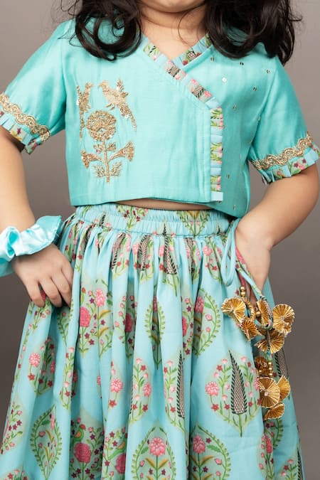 Shop Little Brats Blue Crepe, Cotton, Silk Zari Floral Print Blouse And Ghagra Set Online at Aza Fashions Shop_Little Brats_Blue Crepe, Cotton, Silk Zari Floral Print Blouse And Ghagra Set _Online_at_Aza_Fashions