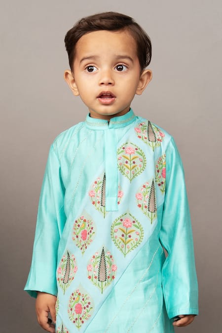 Little Brats_Blue Crepe, Silk Embroidery Floral Print Kurta And Churidar Set _Online_at_Aza_Fashions