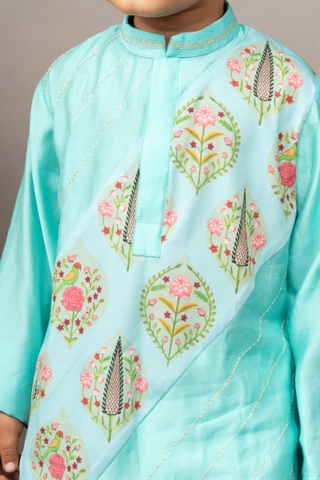 Little Brats_Blue Crepe, Silk Embroidery Floral Print Kurta And Churidar Set _at_Aza_Fashions