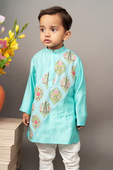 Buy_Little Brats_Blue Crepe, Silk Embroidery Floral Print Kurta And Churidar Set 