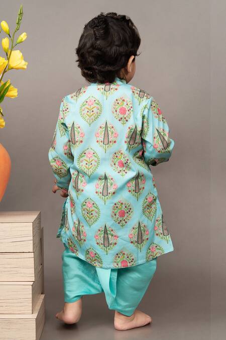 Shop_LITTLE BRATS_Blue Crepe, Silk Floral Print Kurta And Dhoti Pant Set _at_Aza_Fashions
